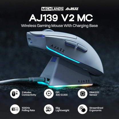 AJAZZ AJ139 V2 MC/AJ139 PRO belaidė žaidimų pelė su PAW3311/PAW3395 jutikliu, 12000DPI/26000DPI, 500mAh „Bluetooth“ pelė žaidėjams, skirta PC