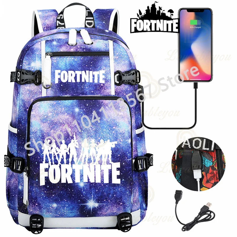 Yule Trooper F-Fortnited Battle Royale Backpack with USB Charging Anime Figures Study Stationery Compartment Students Mochila