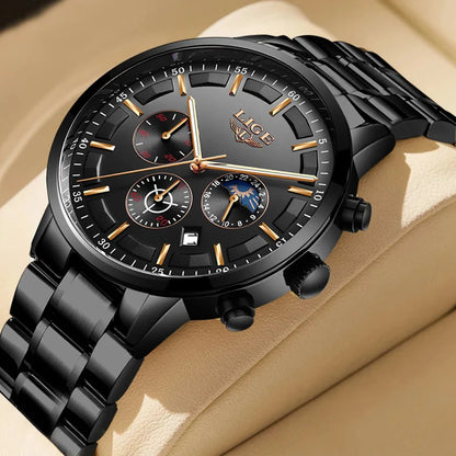 LIGE herenhorloge – Luxe quartz-chronograaf, waterdicht (3 bar), met lichtgevende wijzers – Cadeautip (inclusief doos)