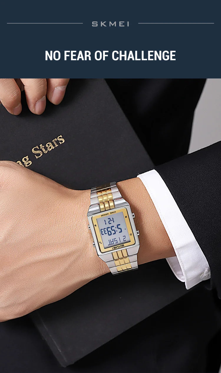 Skmei Luxury Digital Watches for Mens LED Waterproof Date Week Display Chronograph Fashion Dual Time Zones Bracelet Steel Watch