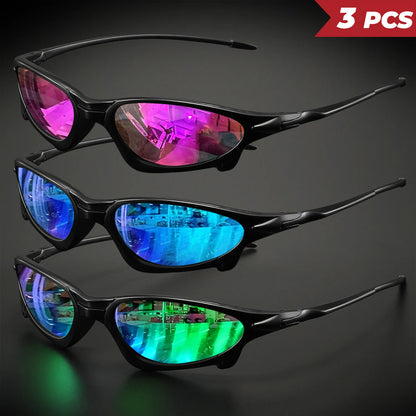 3PCS Futuristic Small Frame Colorful Sports Sunglasses - Wraparound Fit, UV400 for Cycling, Fishing & Travel
