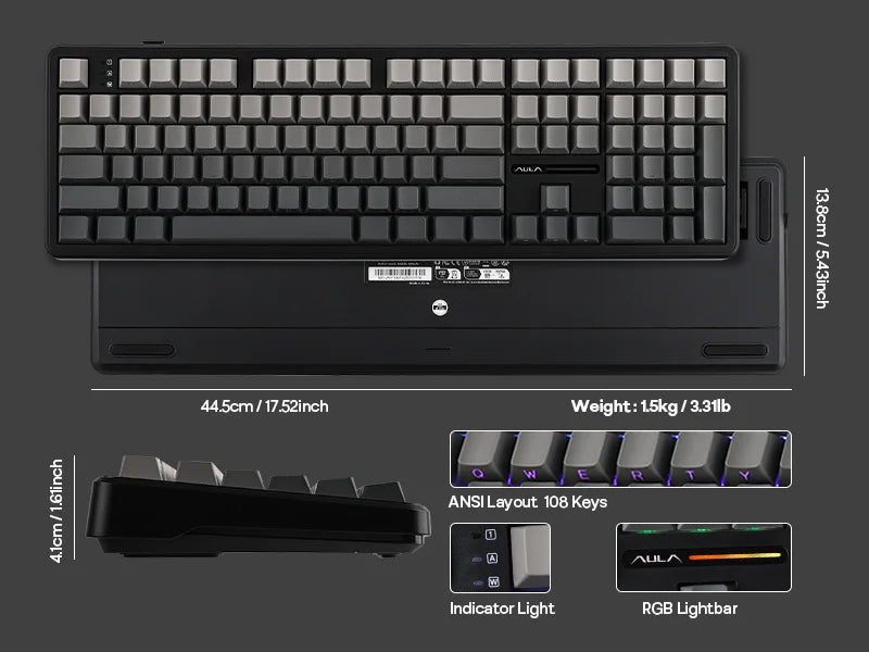 EPOMAKER x AULA F108 Full Size 100% ANSI Layout Hot-Swap Wired/2.4GHz/Bluetooth 5.0 Wireless Mechanical Keyboard RGB Backlight