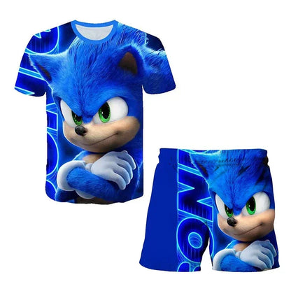 Fashion 3D Anime Children's T-shirt Set Sonic The Hedgehog Top Short Sleeve + Shorts Two-piece Set Girls Boys Cosplay Costume
