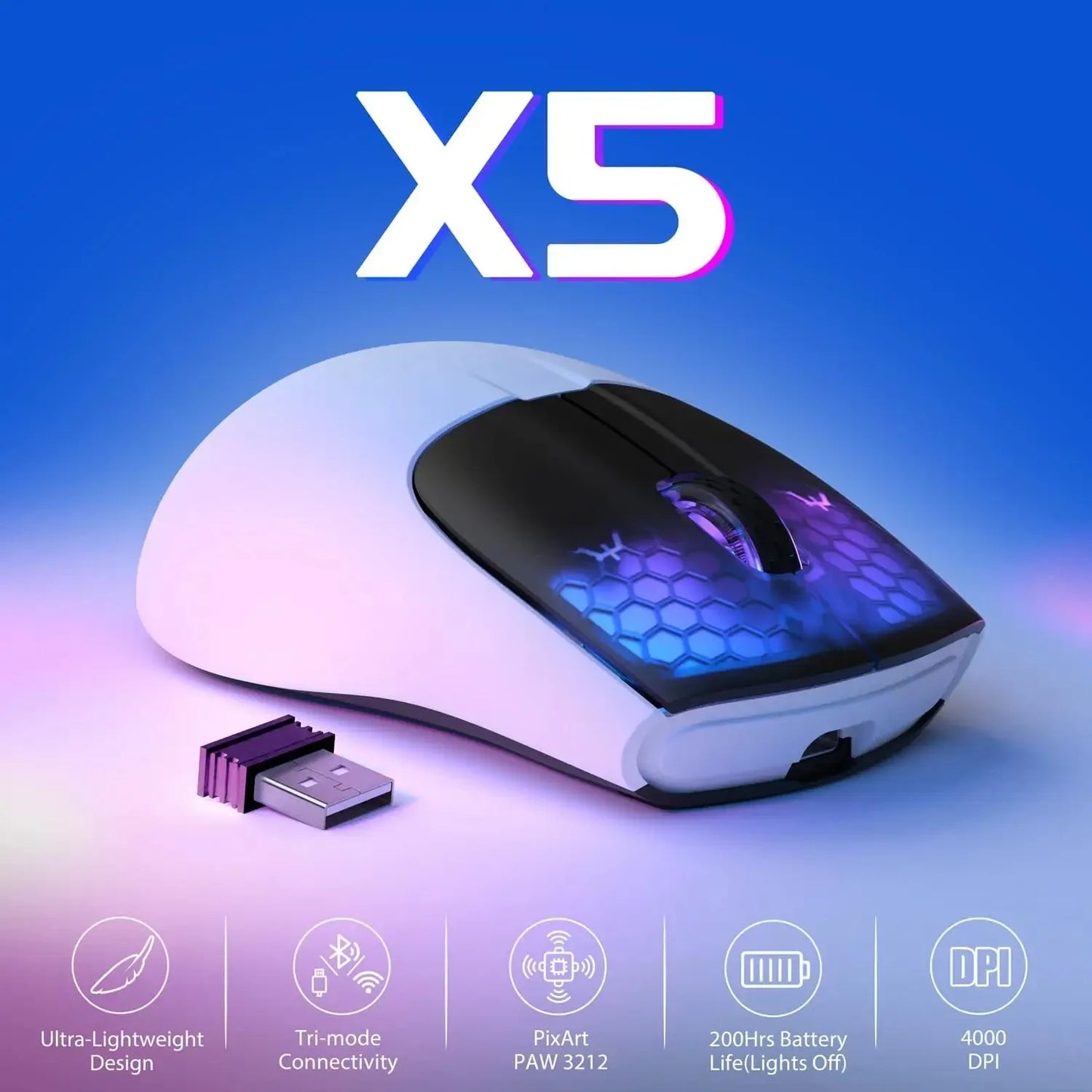 ATTACK SHARK X5 Wireless Gaming Mouse, 49g Tri-Mode Bluetooth Gaming Mouse with PixArt Optical Sensor, RGB Rechargeable Gaming Mouse for PC, Mac & Windows