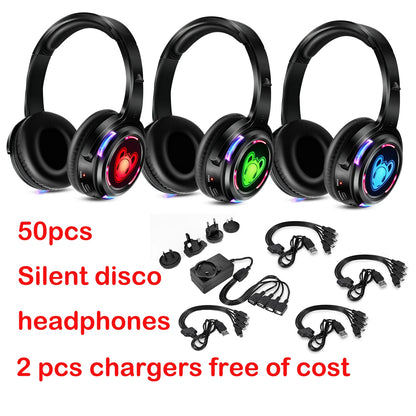 Auscultadores sem fios Silent Disco RF LED DJ Party 863–865MHz/915MHz com iluminação LED de 3 canais e bateria de 10H