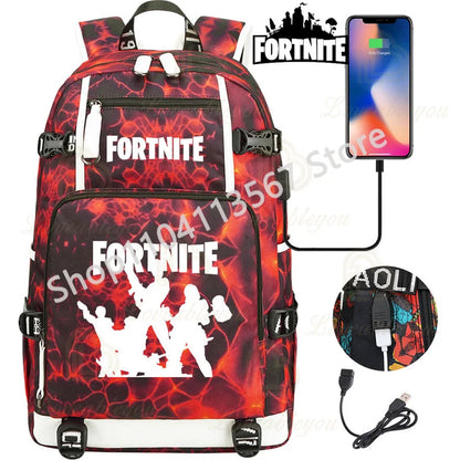 Yule Trooper F-Fortnited Battle Royale Backpack with USB Charging Anime Figures Study Stationery Compartment Students Mochila