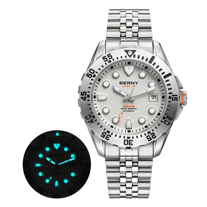 BERNY Men's Automatic Diver Watch Supper Luminous Sapphire AR Coated MIYOTA 8215 316LStainless Steel Single Crown Diving Watches