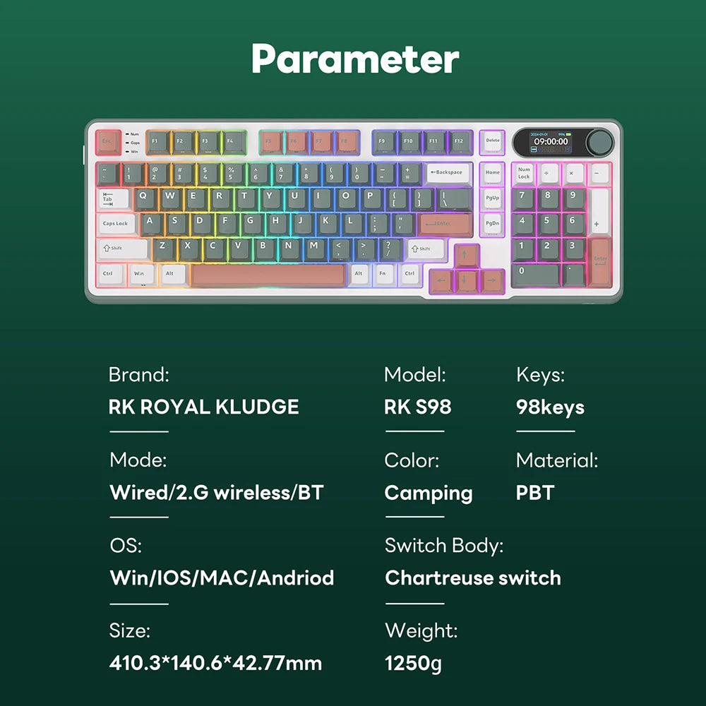 RK S98 ROYAL KLUDGE Top Mount Mechanical Keyboard TFT Screen Knob 96% RGB Backlit Tri-mode Wireless Gaming Keyboard PBT Keycaps