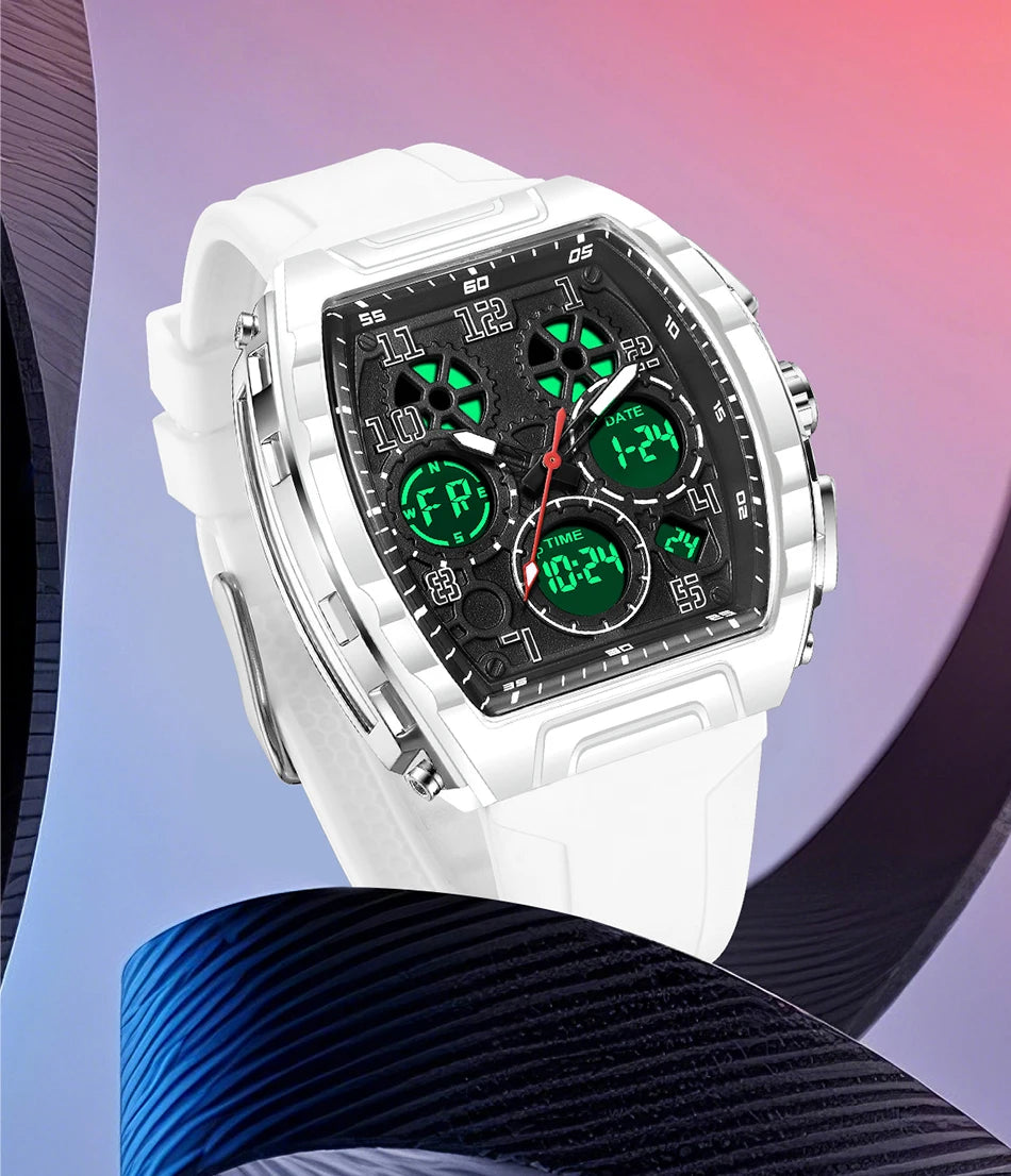 FOXBOX Men Watch Luminous White Silicone Waterproof Quartz Watch For Men Fashion Analog Digital Alarm Chronograph Montre Homme