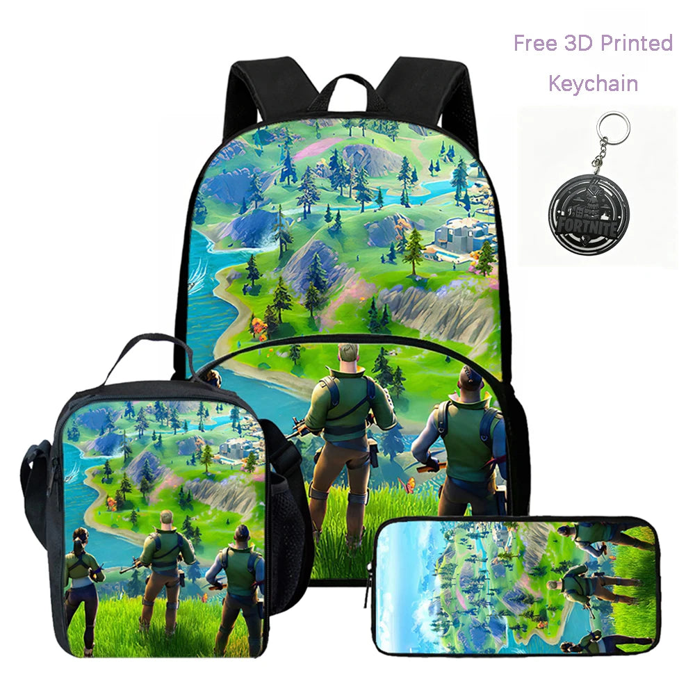 Zaino FORTNITE leggero 3 pezzi con tasca frontale, borsa pranzo, astuccio e portachiavi 3D stampato gratuito per bambini e bambine dai 5 ai 10 anni