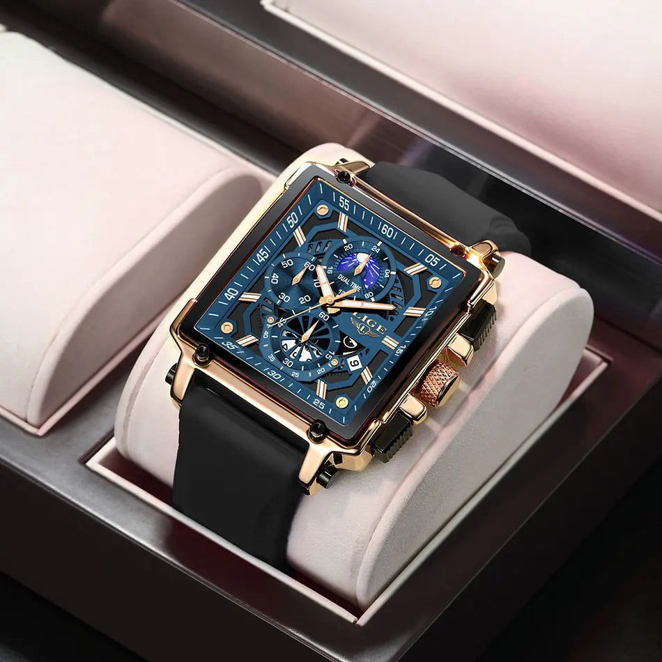 New LIGE Mens Watches Top Brand Luxury Hollow Square Sport Watch For Men Fashion Silicone Strap Waterproof Quartz WristWatch+Box