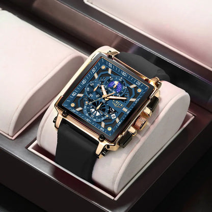 New LIGE Mens Watches Top Brand Luxury Hollow Square Sport Watch For Men Fashion Silicone Strap Waterproof Quartz WristWatch+Box