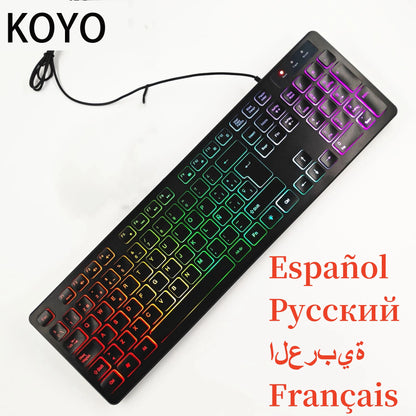 Teclado gaming de secretária com fios e retroiluminado, layout de teclado espanhol/francês (AZERTY)/russo/árabe/alemão, para computador de secretária e escritório