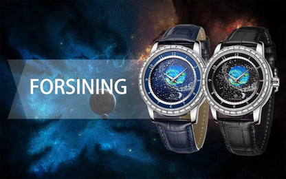 FORSINING Luxury Mens Automatic Mechanical Watch,Earth Star Moon Starry Milky Way Rhinestone Dial Leather Strap,3ATM Waterproof