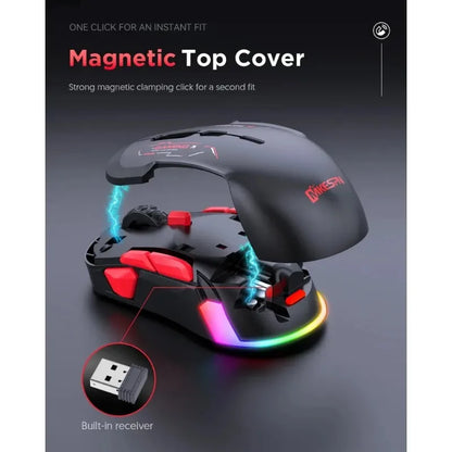 Mouse gaming macro MKESPN W12 a 10 pulsanti, ambidestro, wireless Bluetooth multi-canale tri-mode, grande RGB ergonomico