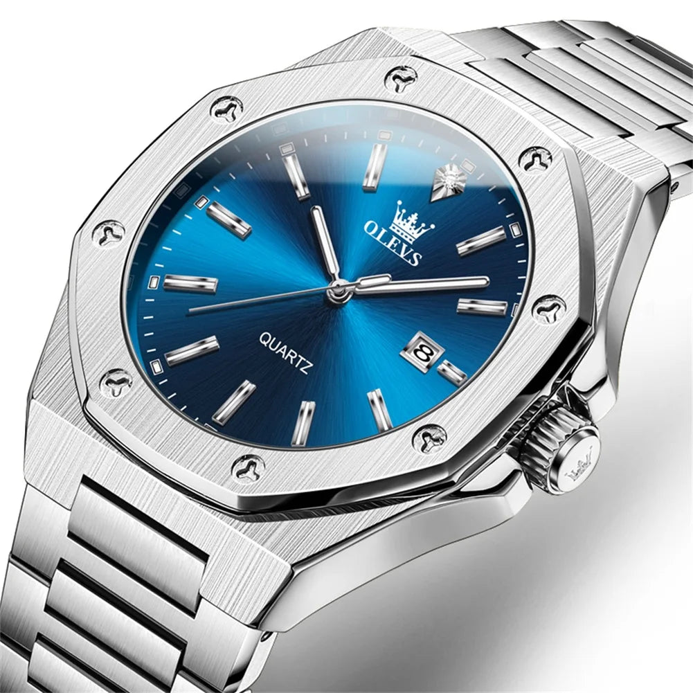 OLEVS Watches For Men Luxury Silver Blue Classic Quartz Watch for Man Waterproof Stainless Steel Luminous Reloj Hombre 2025