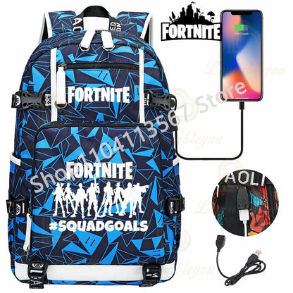 Yule Trooper F-Fortnited Battle Royale Backpack with USB Charging Anime Figures Study Stationery Compartment Students Mochila