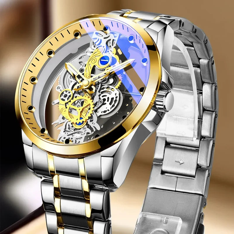 Reloj de moda para hombre, modelo con doble apertura, estilo de lujo dorado, imitación de tourbillon mecánico, movimiento de cuarzo.