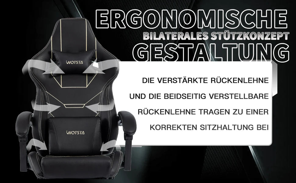WOTSTA Ergonomic Gaming Chair with Footrest, Racing Computer Chair, Adjustable Height Office Chair with Armrests, Comfortable Leather Gaming Seat