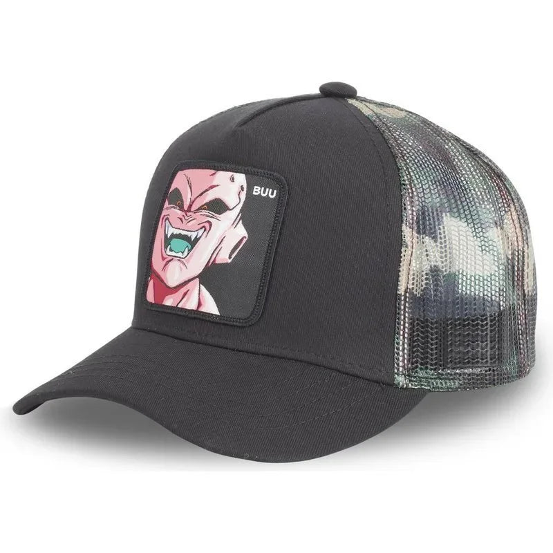 Dragon Ball Buu Goku sapka Nyári utazós csúcsos sapka Férfi hímzett hip-hop stílusú napellenzős állítható trucker hálós sapka