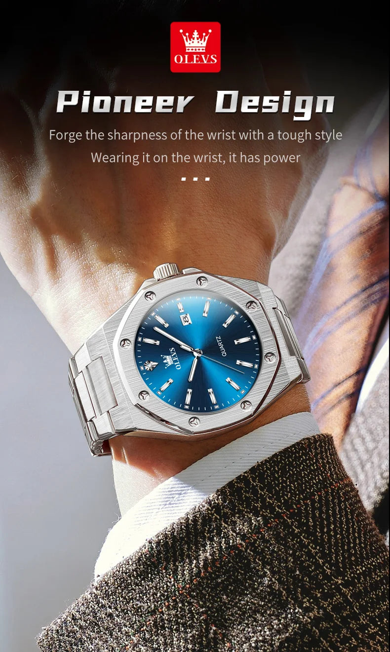 OLEVS Watches For Men Luxury Silver Blue Classic Quartz Watch for Man Waterproof Stainless Steel Luminous Reloj Hombre 2025