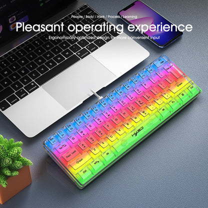Teclado Gaming Transparente com Fio HXSJ 60%, Retroiluminação RGB, Ultra-Compacto, Impermeável, Teclado Compacto Pequeno de 61 Teclas para PC/Mac