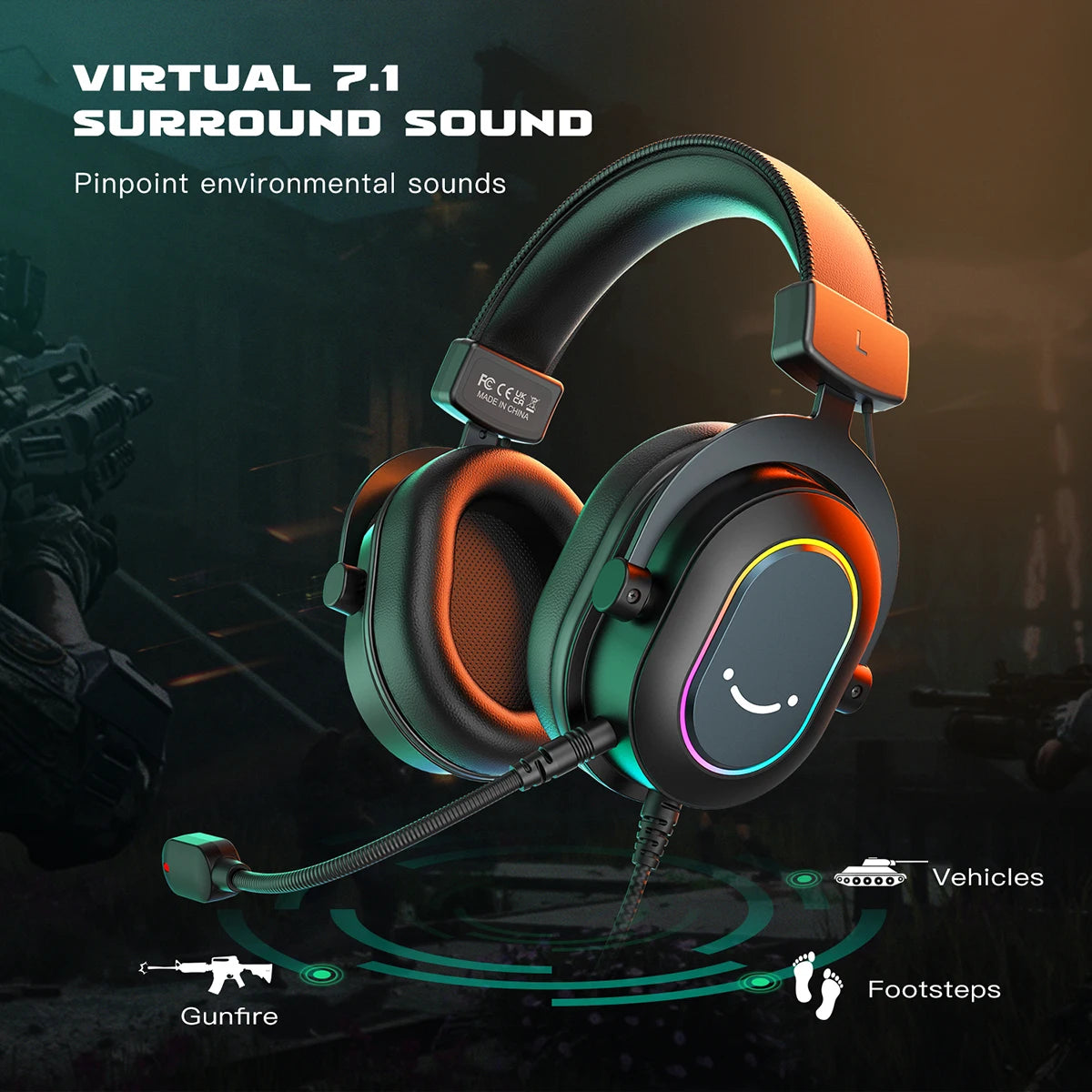 FIFINE RGB Gaming Headset with Mic – 7.1 Surround Sound Wired Over-Ear USB Headphones for PC, PS4, PS5, with EQ Modes & Noise Isolation