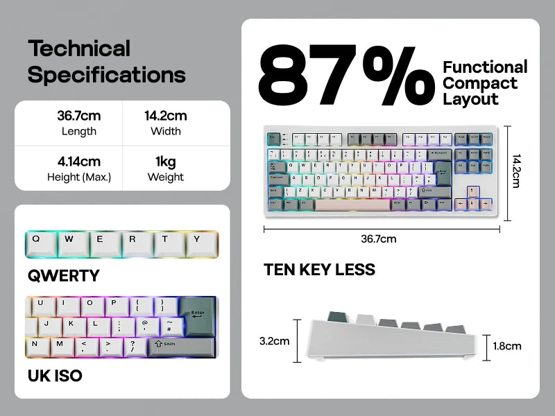 Teclado mecânico EPOMAKER TH87 TKL com layout ISO-UK, ligação com fio/BT/2.4Ghz sem fios, NKRO, bateria de 10000mAh e iluminação RGB