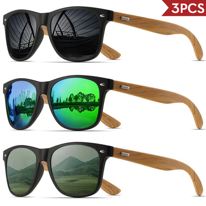 3PCS Bamboo Texture Square Sunglasses UV400, Fashion Unisex Classic - Lightweight for Casual Wear & Holidays