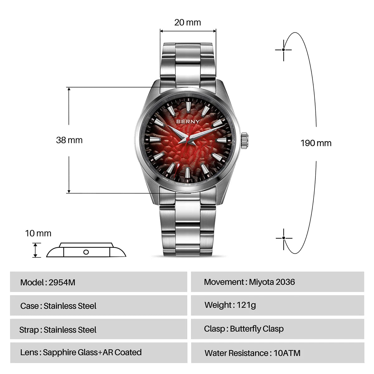 BERNY Men's Watch 10ATM Sapphire Luminous Fashion Quart Watches Full Stainless Steel Classic Dress Business Wristwatch