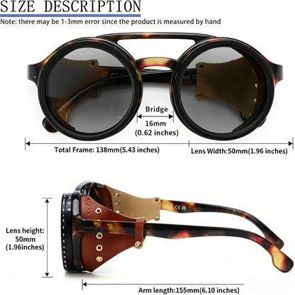 Adjustable 9-Gear ND Filter Steampunk Sunglasses UV400 Round Retro Punk Sun Glasses with Side Shields Leather Patch for Men Wome