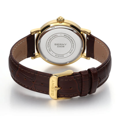 BERNY Watches for Men Luxury Dress Brand Business Gold Quartz Real Moons Man Watch S/S Sapphire Calendar Moon Phase Wristwatch
