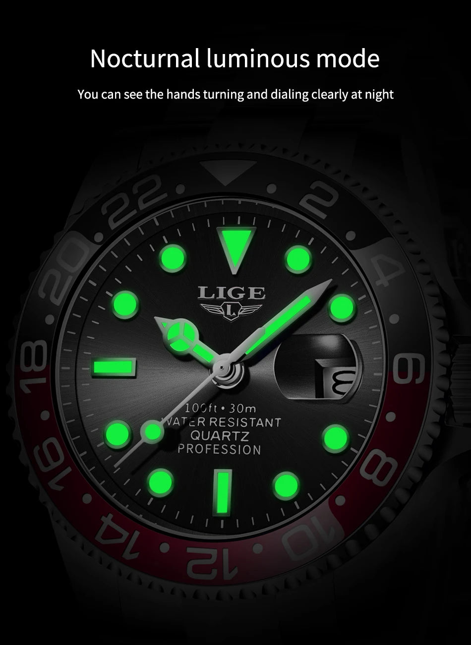 LIGE Fashion Business Watch Men 3ATM Waterproof Luminous Wristwatch Men Clock Top Brand Luxury Sports Quartz Diving Chronograph
