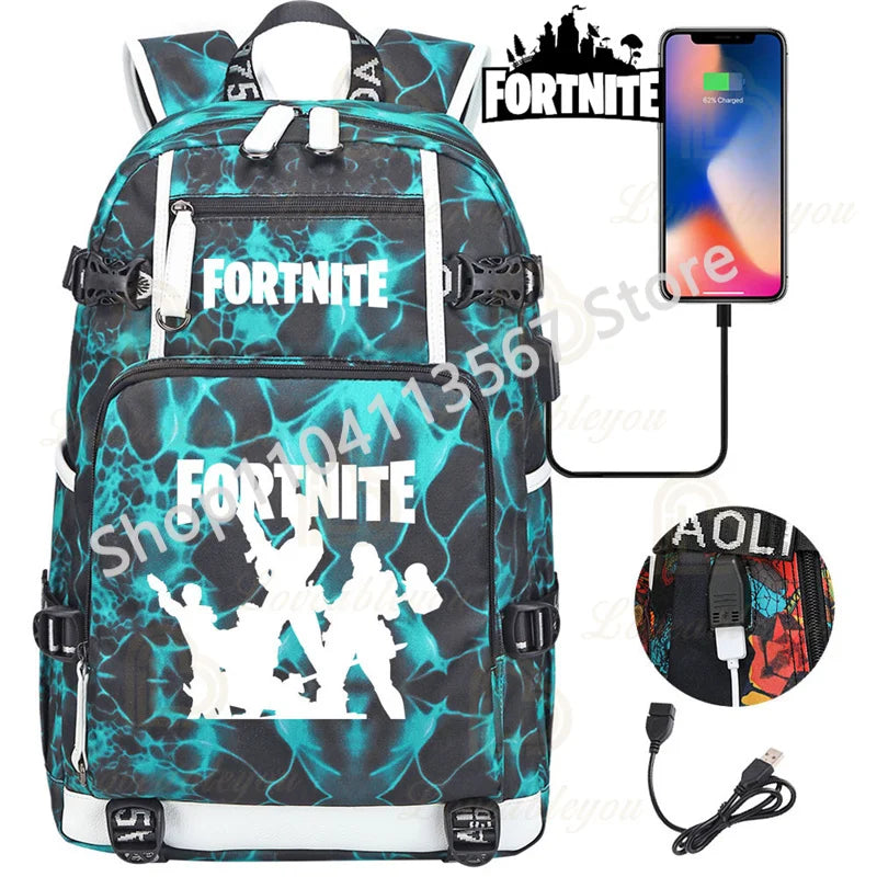 Yule Trooper F-Fortnited Battle Royale Backpack with USB Charging Anime Figures Study Stationery Compartment Students Mochila