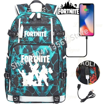 Yule Trooper F-Fortnited Battle Royale Backpack with USB Charging Anime Figures Study Stationery Compartment Students Mochila