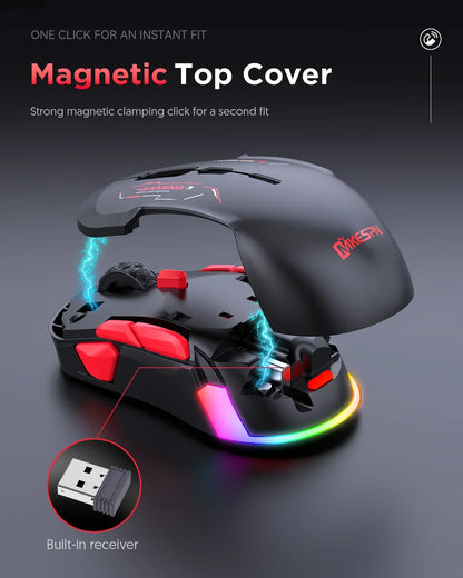 Mouse gaming macro MKESPN W12 a 10 pulsanti, ambidestro, wireless Bluetooth multi-canale tri-mode, grande RGB ergonomico