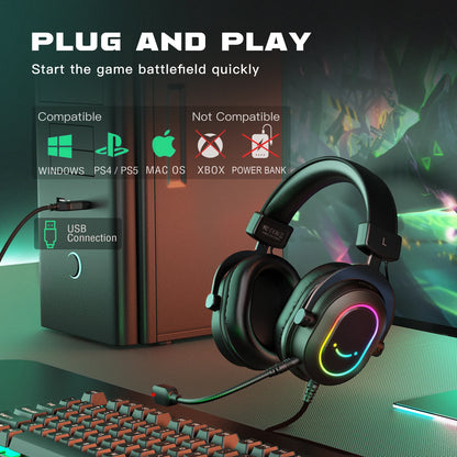 FIFINE RGB Gaming Headset with Mic – 7.1 Surround Sound Over-Ear Wired Headphones for PC, PS4 & PS5 with 3 EQ Modes