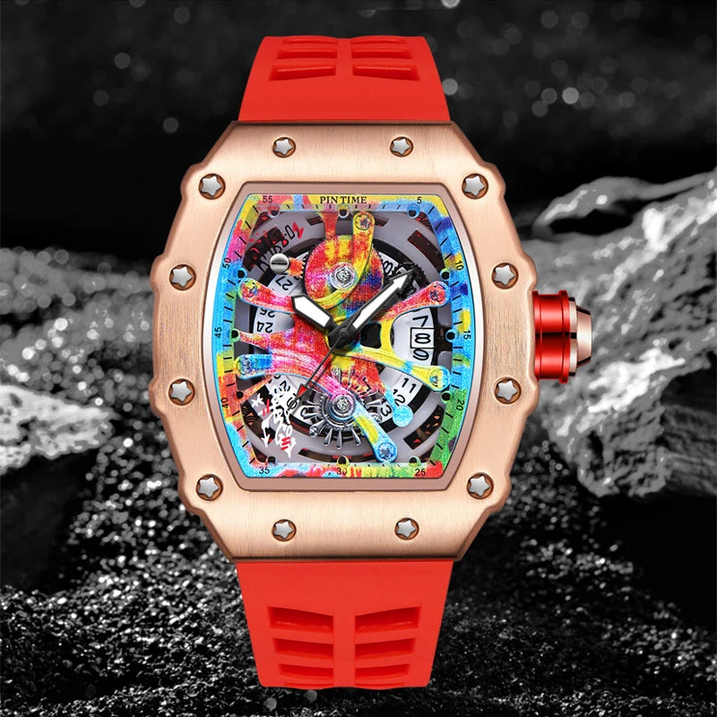 Luxury Men Watch Tonneau Fashion Men Quartz Watches Classic Graffiti Dial Auto Date Waterproof Sport Wristwatches Clock reloj
