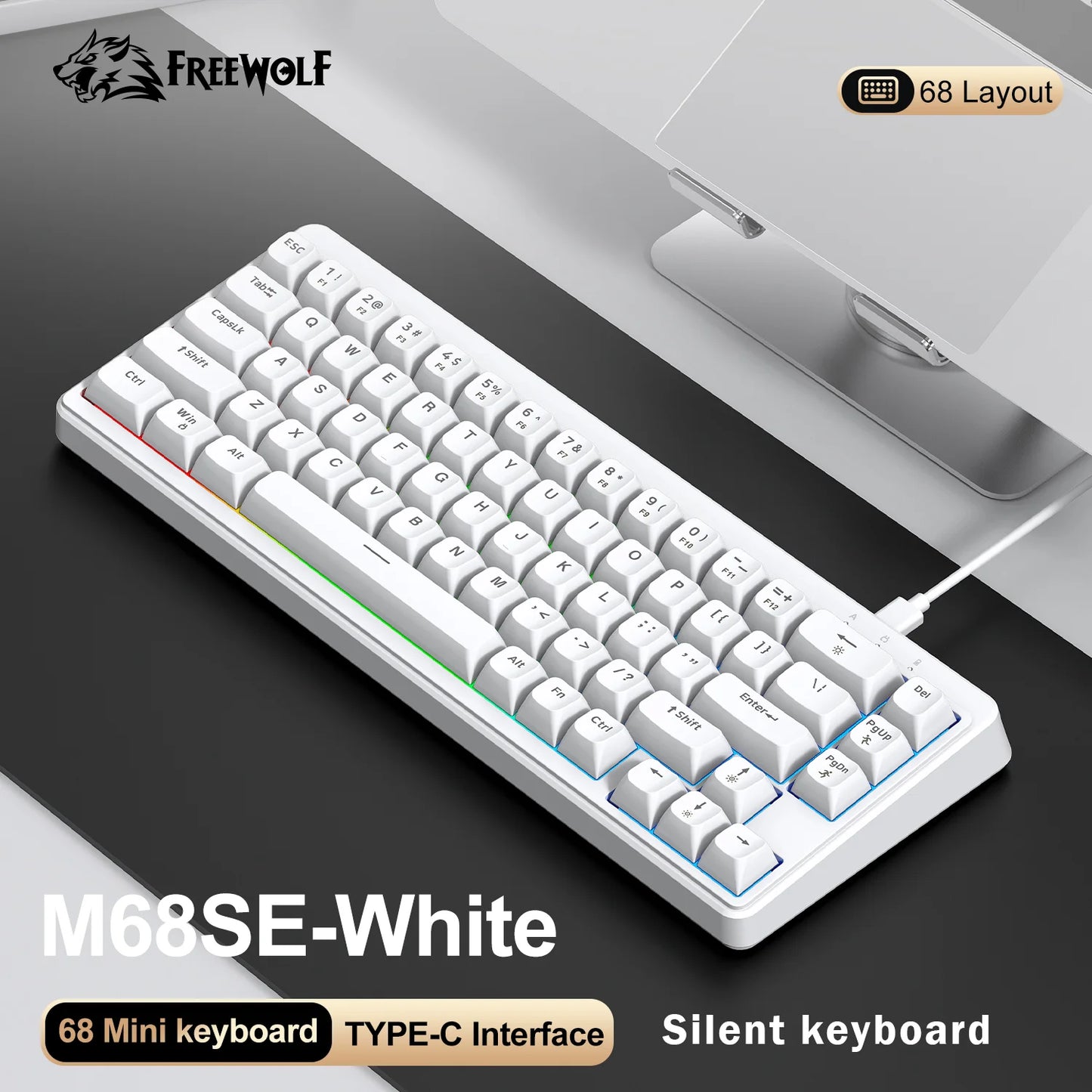 FREEWOLF M68SE Teclado Mini com Fio de 68 Teclas, Retroiluminação RGB, Type-C, Layout 68%, Compacto para Gaming, Escritório, PC e Portátil