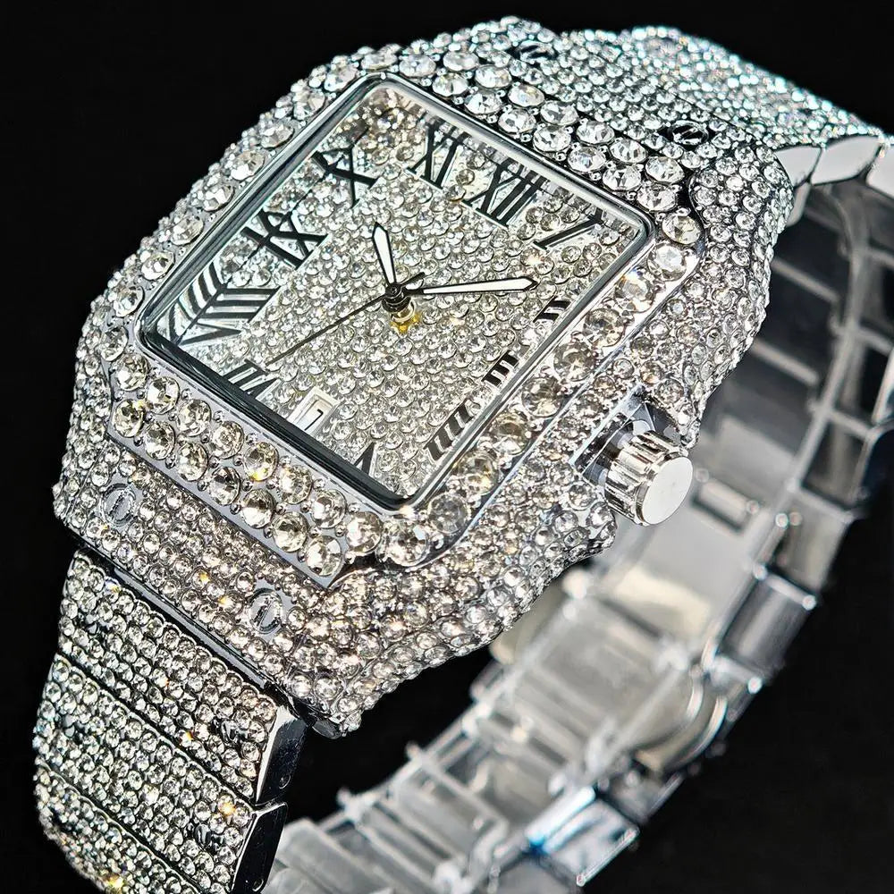 Hot UNIGUET Men's Square Watch Luxury Hip Hop Diamond Jewelry Waterproof Stainless Steel Quartz Wristwatch Fashion Man Accessory