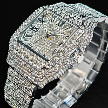 Hot UNIGUET Men's Square Watch Luxury Hip Hop Diamond Jewelry Waterproof Stainless Steel Quartz Wristwatch Fashion Man Accessory