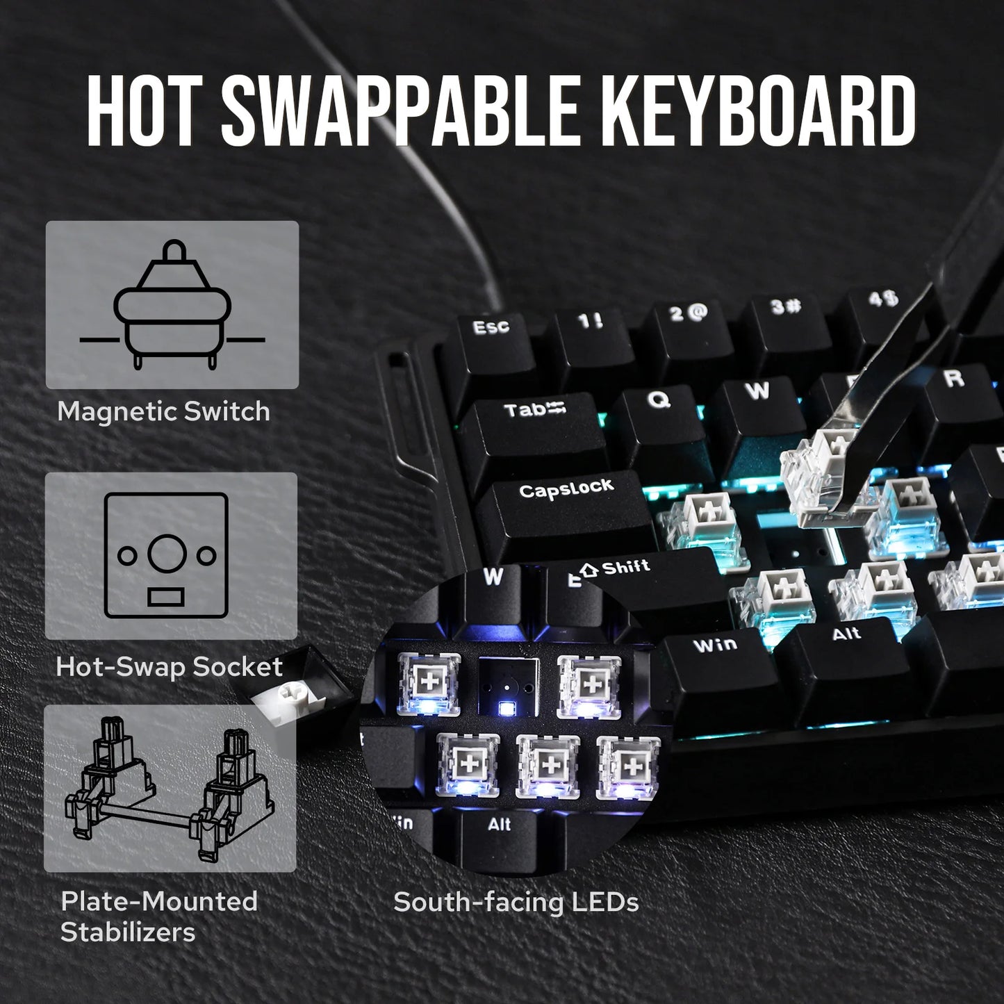 Teclado mecânico com fios AULA WIN60 HE/WIN60 HE MAX 60%, estrutura Tray-Mount, Hot-Swap e interruptores magnéticos de efeito Hall