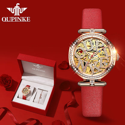 OUPINKE 3175 Women Watches Luxury Elegant Skeleton Automatic Mechanical Watches For Woman 50M Waterproof Bracelet Necklace Set