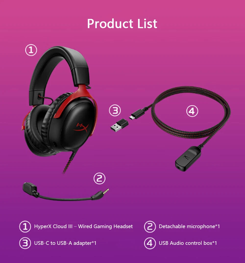 Auscultadores Gaming com Fio HyperX Cloud III com Áudio Espacial DTS X, Drivers de 53mm, Microfone com Cancelamento de Ruído – Auscultadores Gaming USB e 3.5mm para PC, PS5, Xbox e Switch