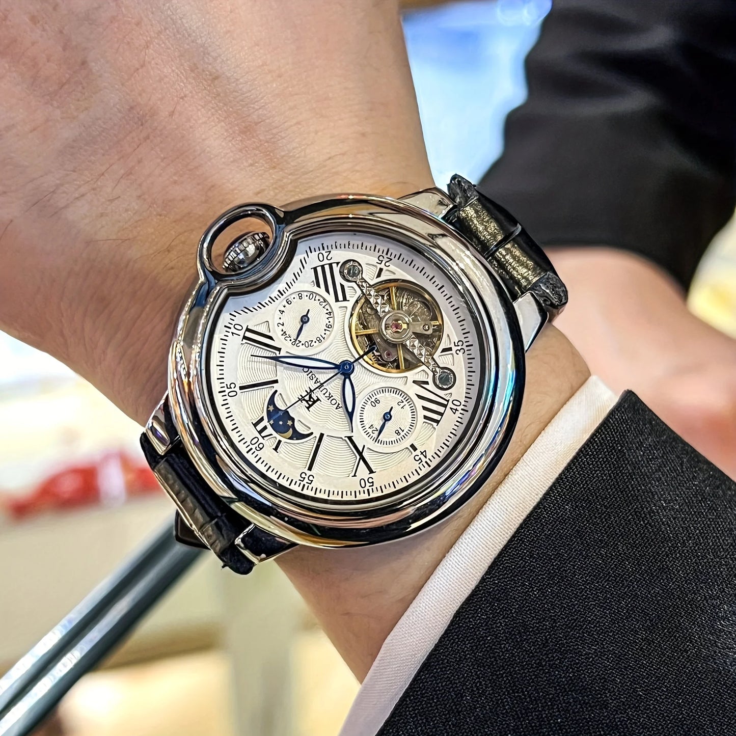 European and American Style Luxury Brand Series of High-End Business Men's Mechanical Watches, Round Dial, Skeleton Design, Automatic Winding, Leather Strap, Multi-Function Display, Tourbillon Men's Watch, Fashionable Accesso