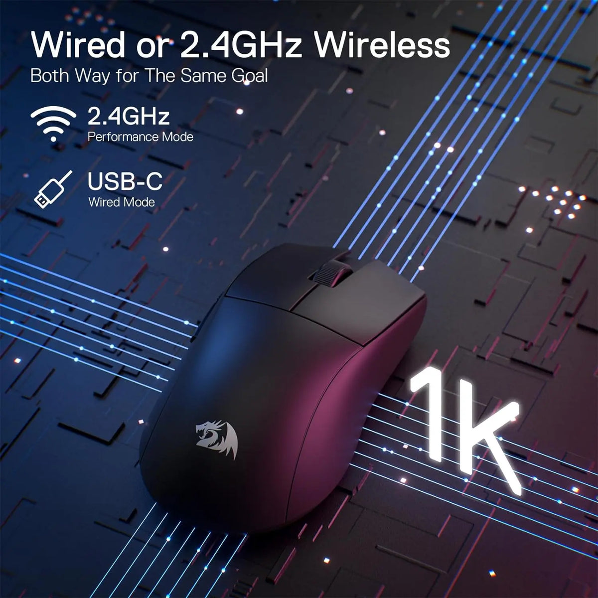 Redragon M916 trådløs gamermus, 49G ultralet 8K DPI 2.4G trådløs gamingmus med ergonomisk, naturligt greb