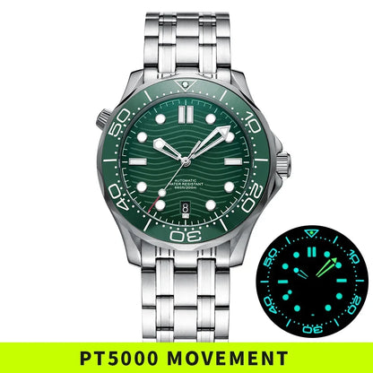 PHYLIDA New Green Dial PT5000 MIYOTA Automatic Watch DIVER 200M Sapphire Crystal Solid Bracelet WR 20Bar