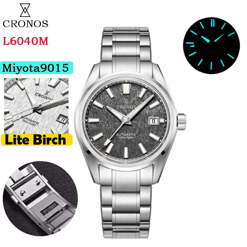 Cronos Men Watch 39mm Automatic Miyota 9015 Movement Wristwatches White Dial Birch Pattern Solid Links Sapphire 10 ATM L6040M