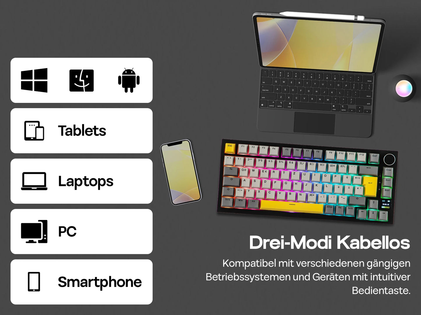 ISO-DE Layout AJAZZ AK820 PRO 75% QWERTZ German Layout Mechanical Keyboard Tri-Modes Wireless Keyboard with TFT Screen NKRO RGB