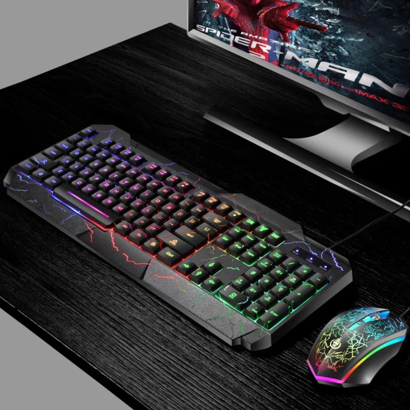 Conjunto de Teclado e Rato Gaming com Fios para Computador de Secretária, Sensação Mecânica e Retroiluminação LED